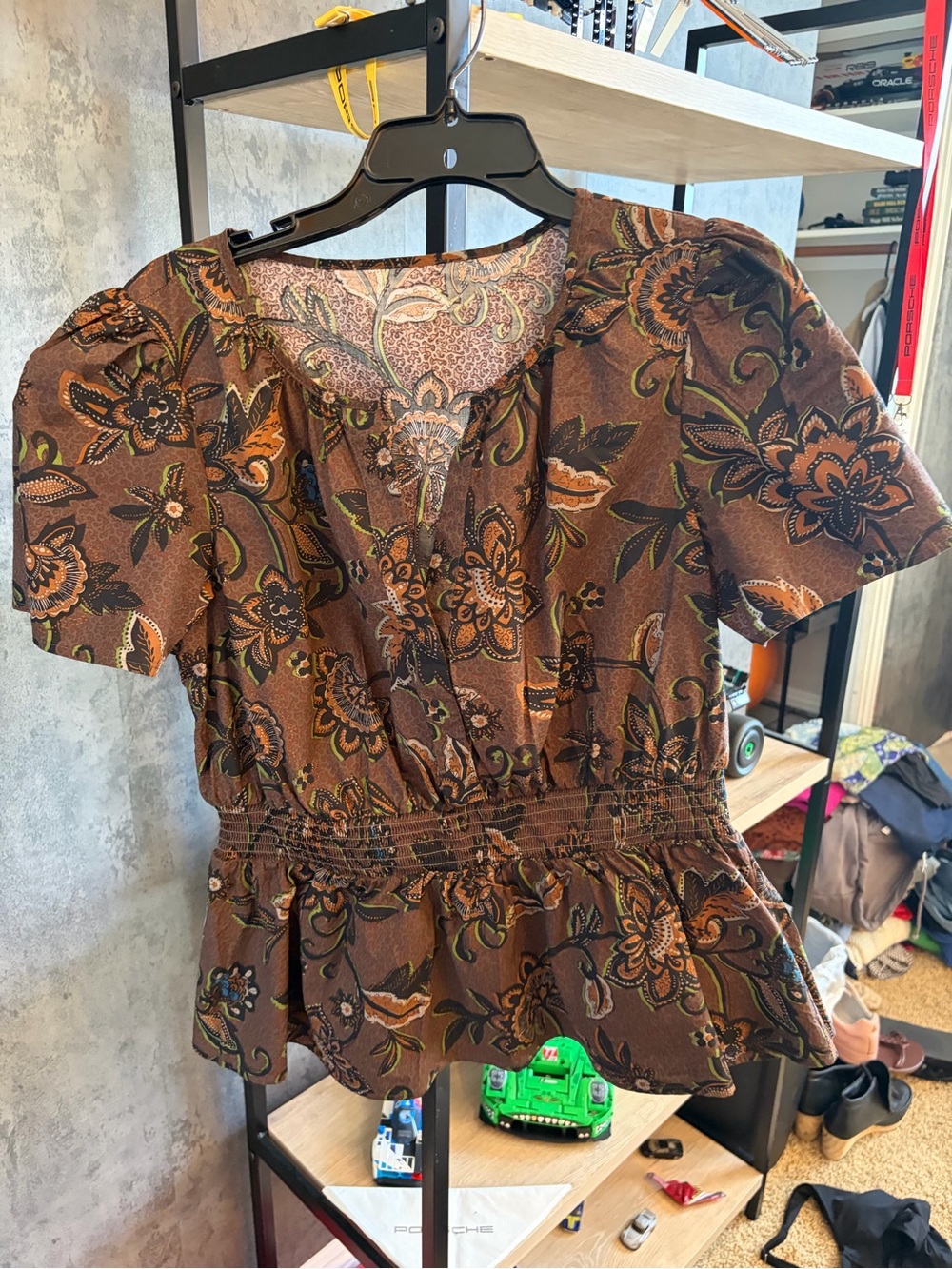 Sugarlips Brown Floral Peplum Blouse with Green Accents